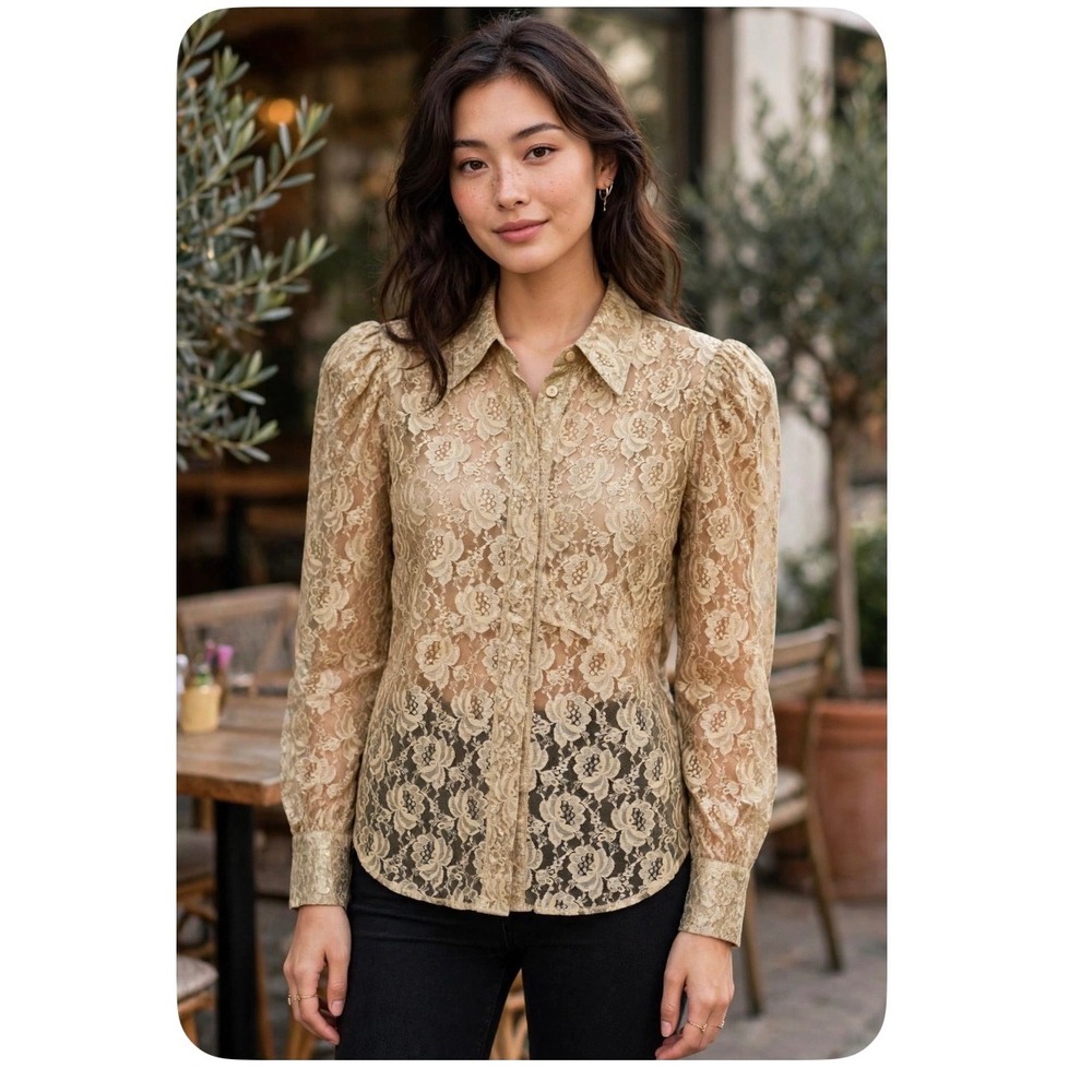 Vintage Sheer Floral Lace Puff Shoulder Blouse Champagne Gold Long Sleeve Top